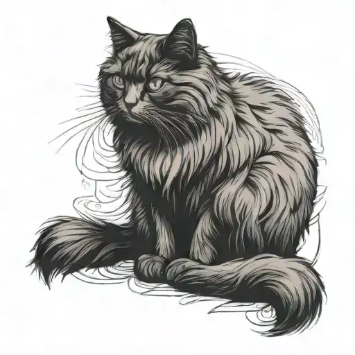 Full Length Outline Tattoo Of A Black Fluffy Cat Sitting