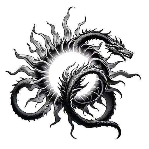 Ouroboros Dragon Wrapped Around A Sun With Its Body Made Of Flames From The Sun