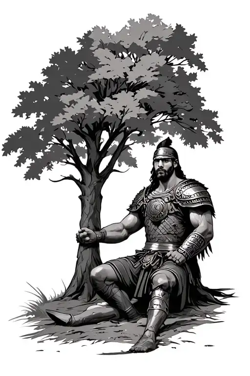 Gladiator Warrior Sitting Under An Oak Tree In The Summer