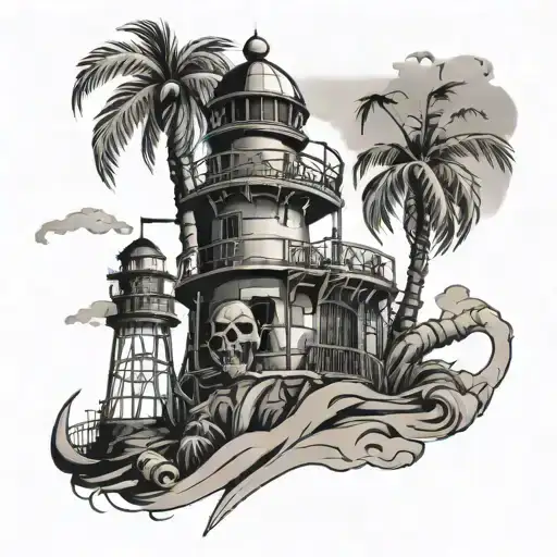Lighthouse With Palm Tree Pirate Skeleton In Cage