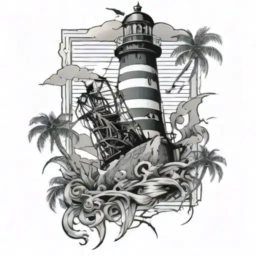 Lighthouse Palm Trees And Pirate Skeleton In Cage Shattered