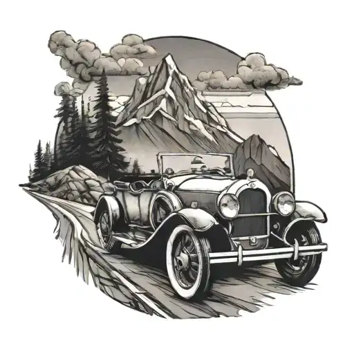 A Vintage Car Driving Through A Scenic Mountain Road