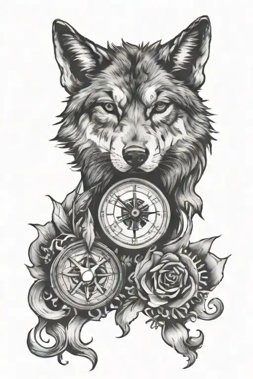 Wolf Face With Clock And Compass