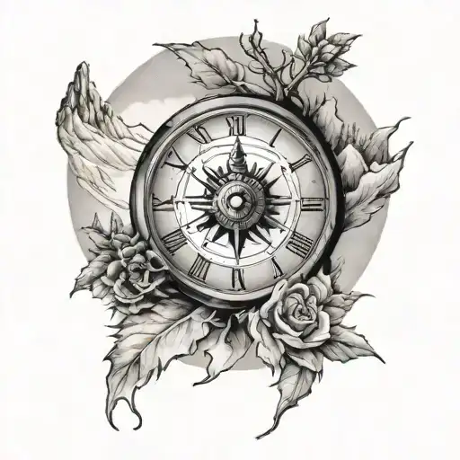 A Man's Tattoo That Is A Clock Incorporated With A Compass In The Snowy Mountains