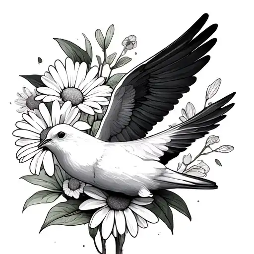Dove And Daisy Flowers Simple Fine Line