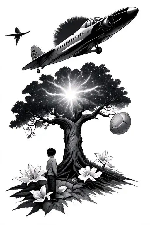 Tree And Supernova And Jett Plane And Lilly Flower And Boy With Football