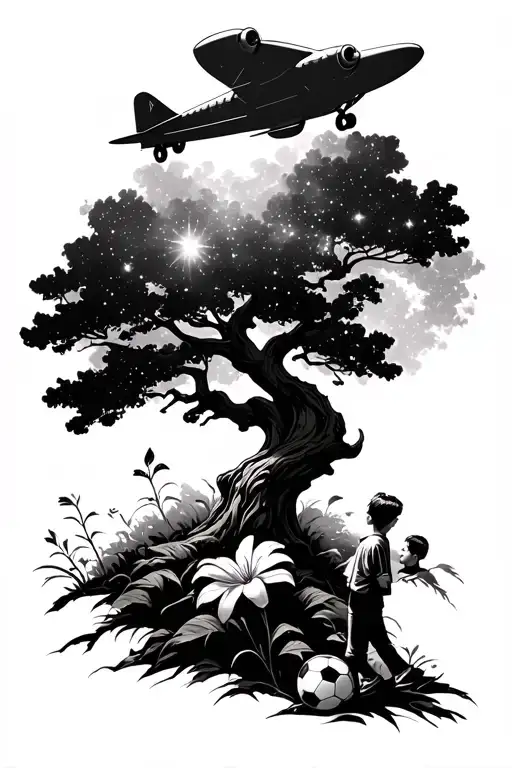 Tree And Supernova And Jett Plane And Lilly Flower And Boy With Soccer Ball