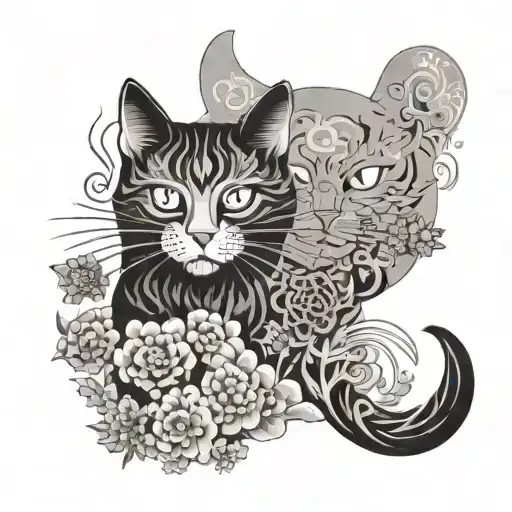 An Abstract Composition Featuring Elements Of Japanese Art And Cats