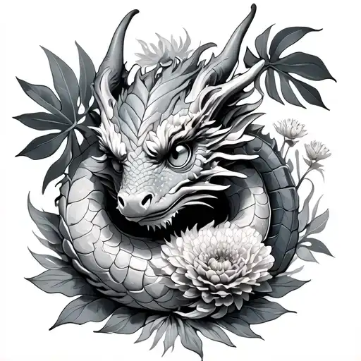 Baby Dragon Surrounded With By Marigold And Monstera With Asian Flare