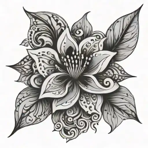 A Psychedelic Flower Intertwined In Abstract Style With A Stem And Leaves