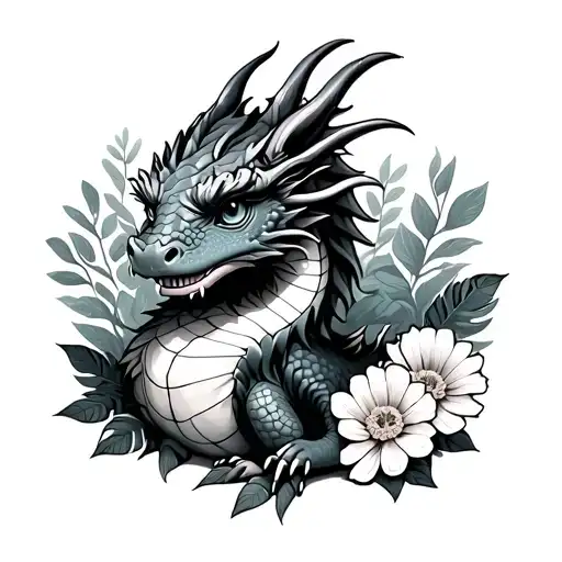 Create An Image Of Baby Dragon Surrounded With By Marigold And Monstera With Asian Flare