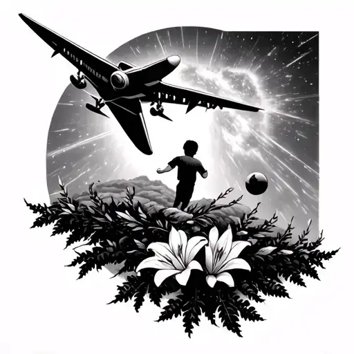 A Jet Plane Flying Over A Willow Tree With A Supernova And A Boy Playing Football And A Lily Flower