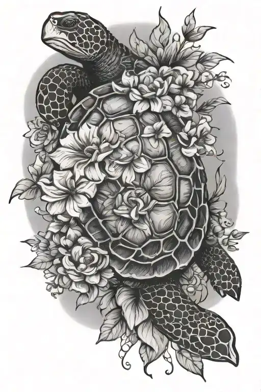 Turtle And Flowers Intertwined