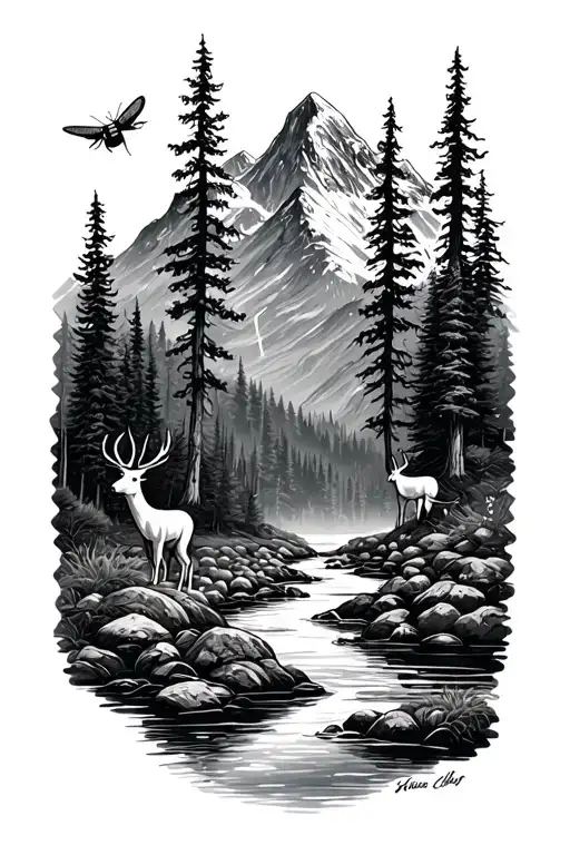 Mountain With River And Firm With Fly And Small Deer Head In The Forest