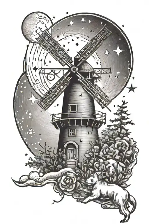 Small Windmill And Dog With Moon And Stars Background