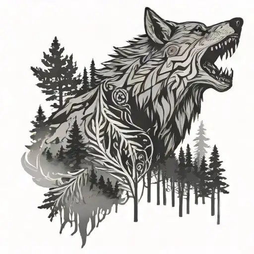 Norse Wolf With Black Smoke Around Its Body In Pine Trees With Norse Wording All Around It