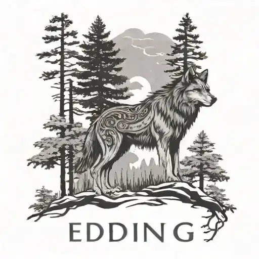 Norse Wolf With Black Smoke Around Its Body In Pine Trees With Norse Wording That Says Eddings