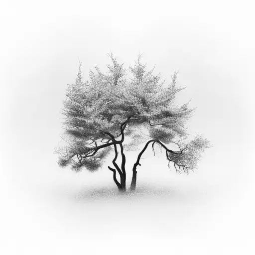 A Minimalistic Black-grey Tattoo Of A Solitary Tree In A Vast Wilderness