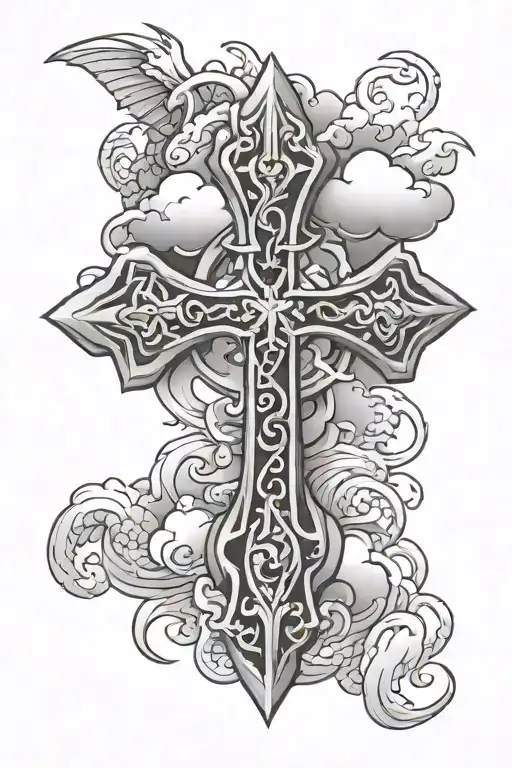 Irish Cross With Clouds And Dragons