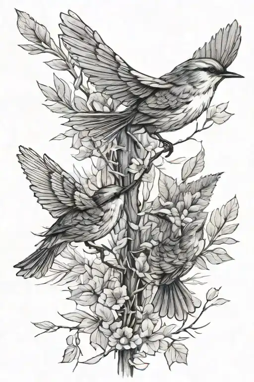 Three Wrens Flying With Leafy Branch Background