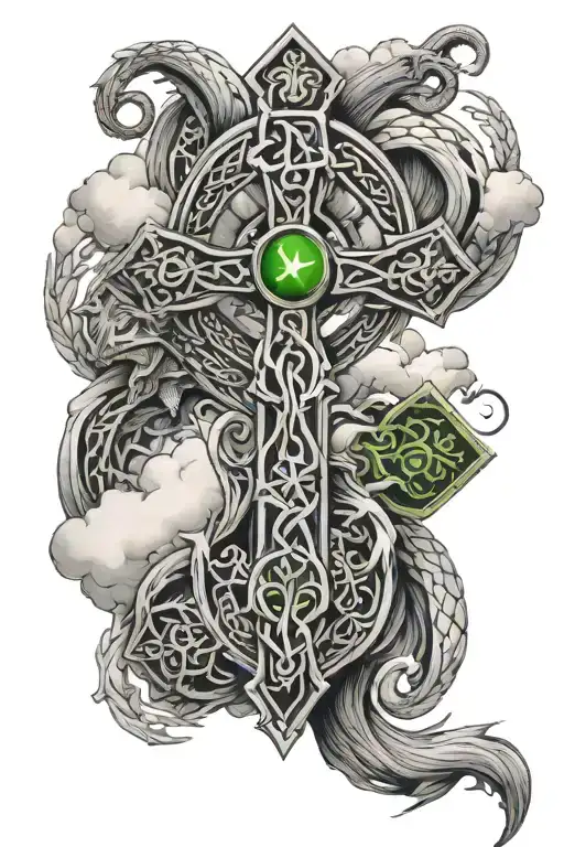 Irish Celtic Cross With Clouds And Two Dragons With Green Eyes