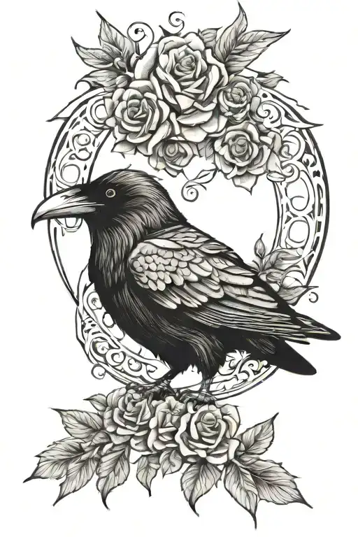 Raven With Flowers And A Red Crescent Moon Behind Its Head
