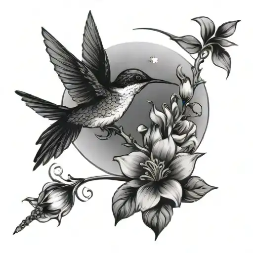 Hummingbird On A Crescent Moon With Flowers