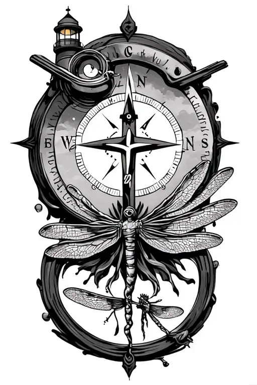 Compass And Jesus Cross And Lighthouse And Dragonfly