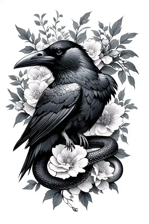 Raven With A Serpent And Flowers Intertwined