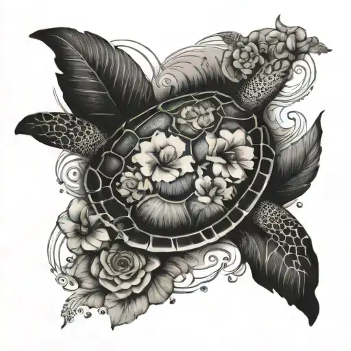 Swimming Sea Turtle With World Map On The Shell Surrounded By Tropical Flowers