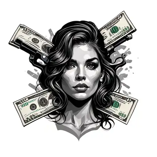 Woman's Face Guns Money Drugs