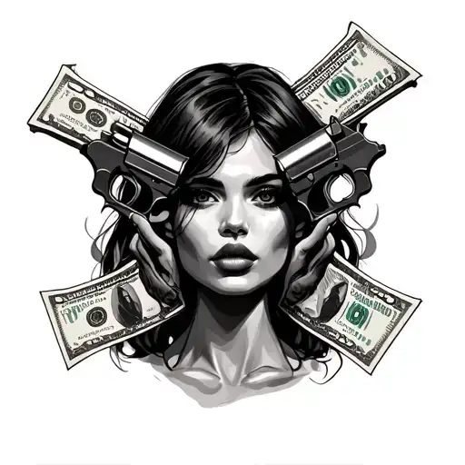 Woman's Face Guns Money Drugs