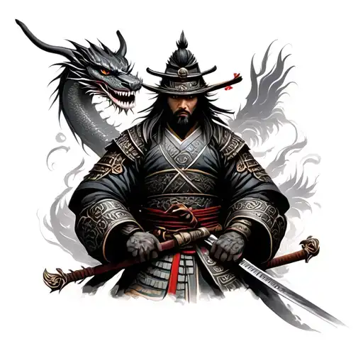 Japanese Samurai Warrior With Dragon In The Background