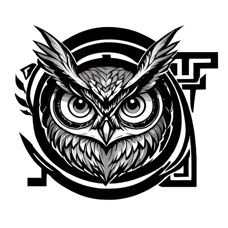 Owl With Evil Eye Encircled By Greek Key Symbolizing