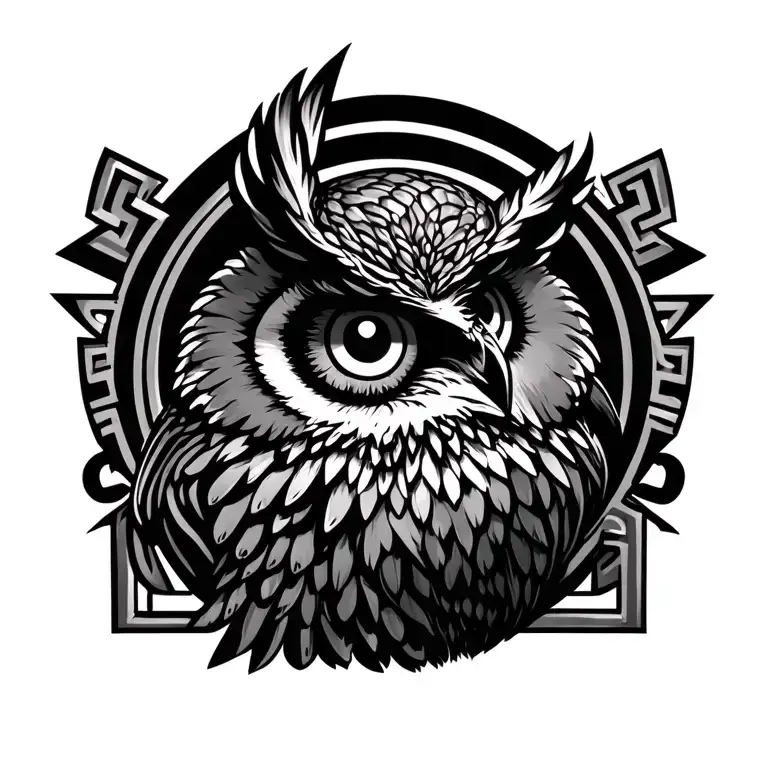 Side View Of Owl With Evil Eye Encircled By Greek Key Symbolizing