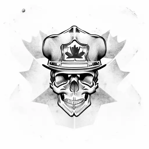 Worn Skull With Mustache Wearing Firefighter Helmet On Top Of A Canadian Flag