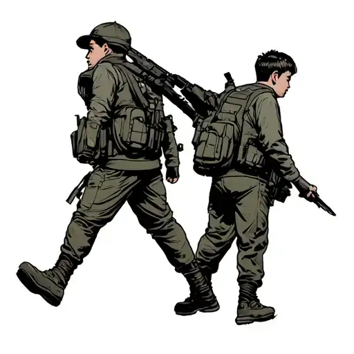 A Boy Of About 17 Walks With His Back And Holds His Military Father By The Hand