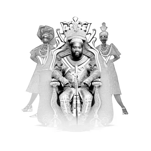 An African King Sitting On A Throne Surrounded By Women