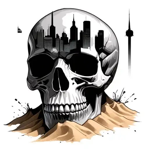 Skull In Sand With Distopian New York City In The Background