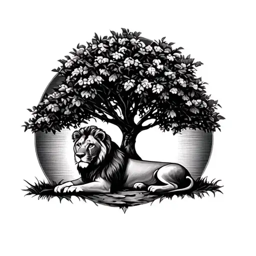 A Lion Laying Underneath A Peach Tree Realisitc With A Sun In The Background