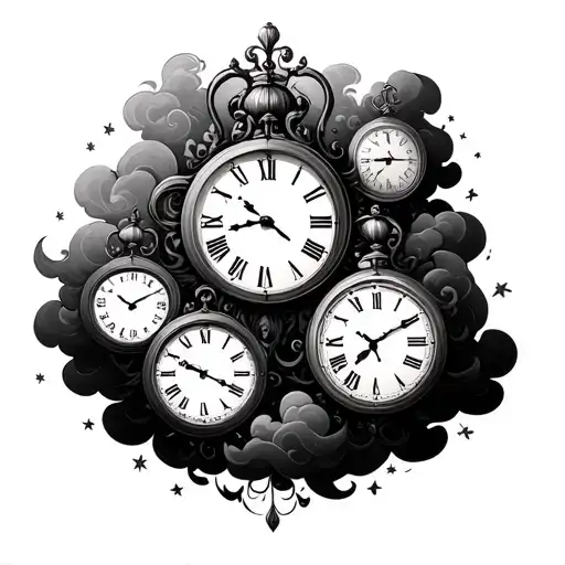 Mutiple Clocks Surrounded By Clouds With Different Dates On Them