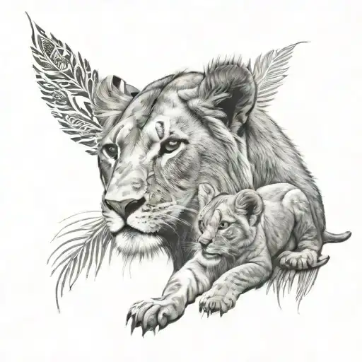 Father Lion And Lion Cub Looking At Each Other