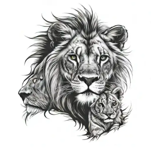 Father Lion And Lion Cub Face To Face