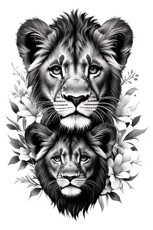 3 Lion Cub Faces Floral Design Featuring