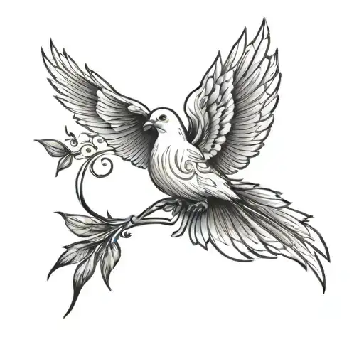 Thin Wave Strokes Followed By Dove With Leaf Shaped Wing And Star On The Wave