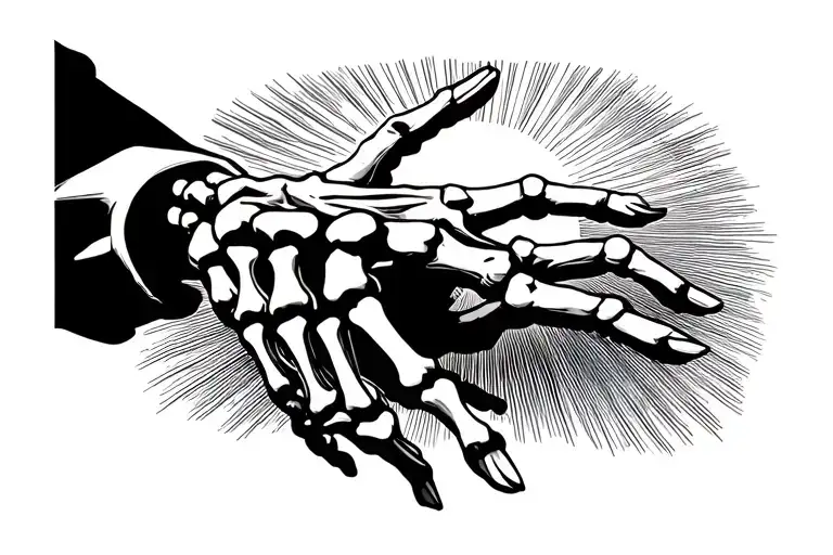 Skeleton Hand Reaching For Human Hand With Finger Tips Barely Tounching With Sun In Background