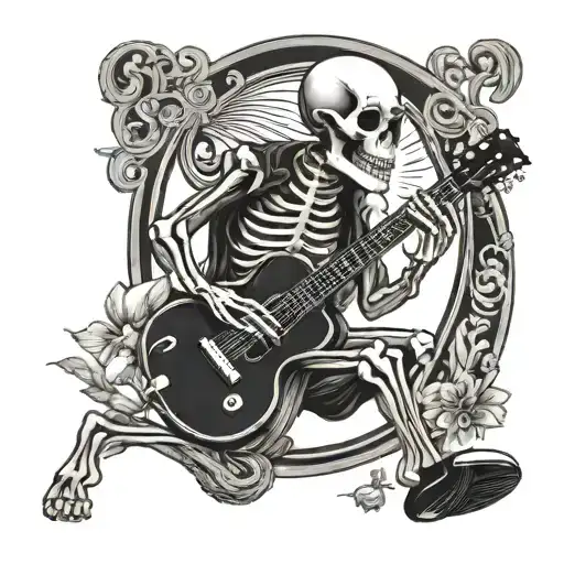 American Traditional Tattoo About A Skeleton Playing A Guitar