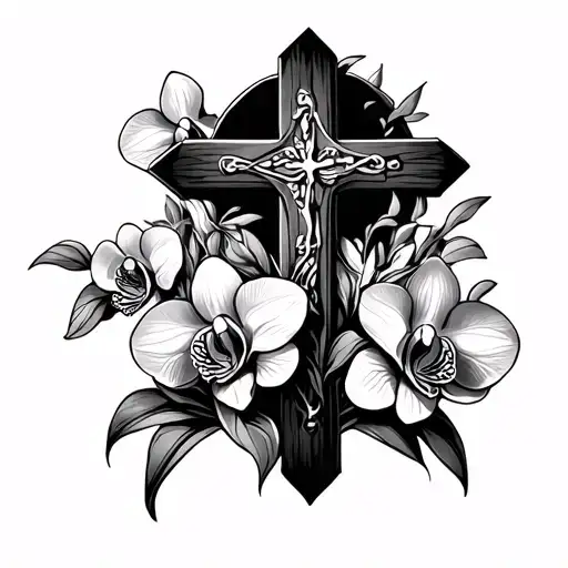 Cross With Hard Fought Hallelujah And Orchid Flowers Around It