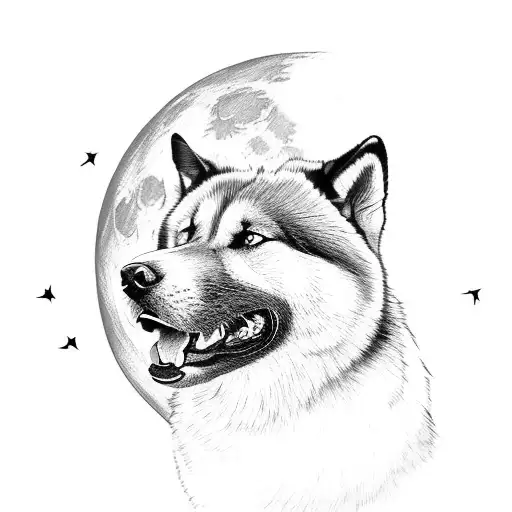 A Majestic American Akita Howling At The Moon In A Black And Grey Realistic Style