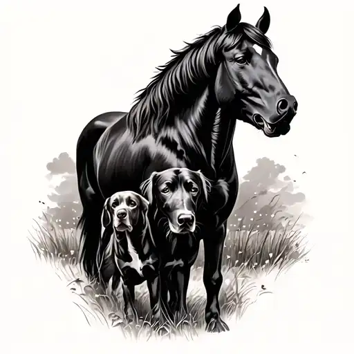A Horse A Newfoundland And Two Labradors